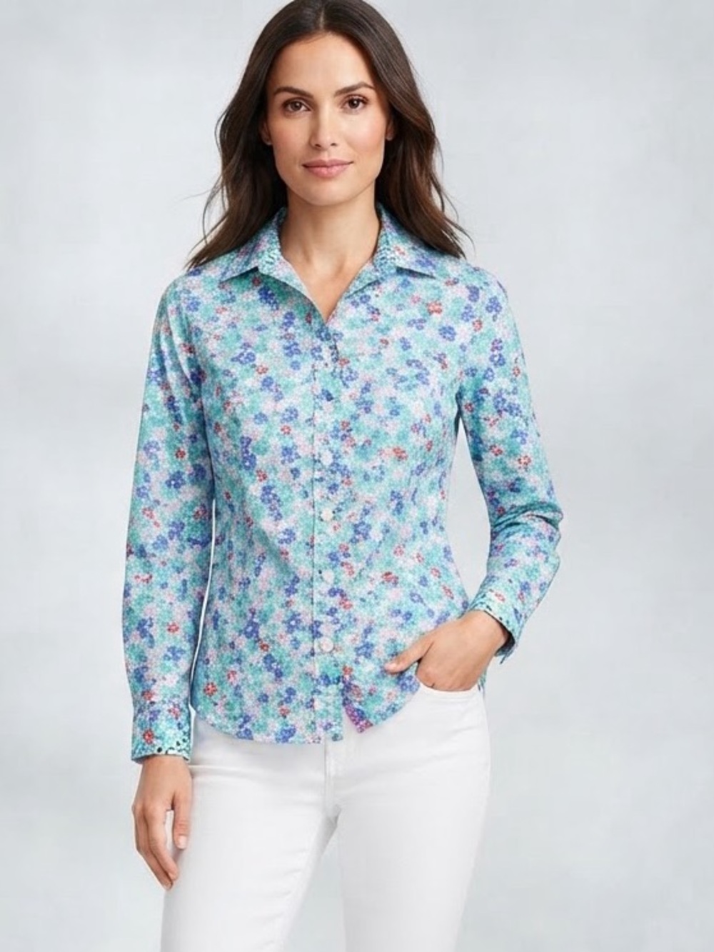 Talbots Floral Blue Button-Front Blouse Small Petite NWOT Never worn